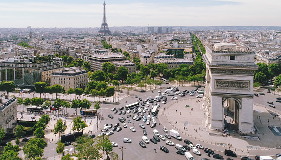 Arc de Triomphe in Paris France, Aerial view