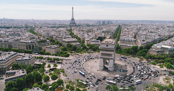 Arc de Triomphe in Paris France, Aerial view