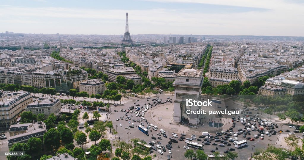 Arc de Triomphe in Paris France, Aerial view Arc de Triomphe - Paris Stock Photo
