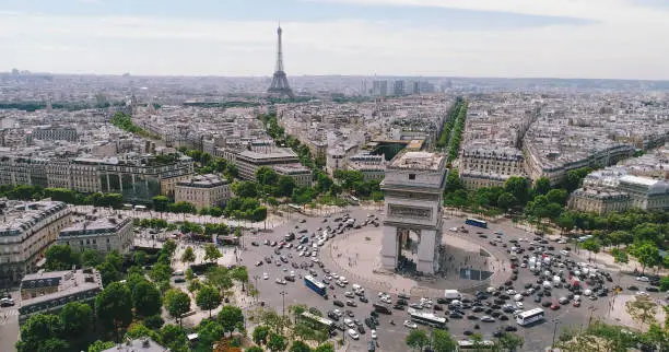 Arc de Triomphe in Paris France, Aerial view
