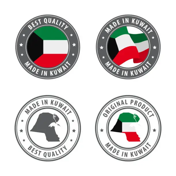 Vector illustration of Made in Kuwait - set of labels, stamps, badges, with the Kuwait map and flag. Best quality. Original product.