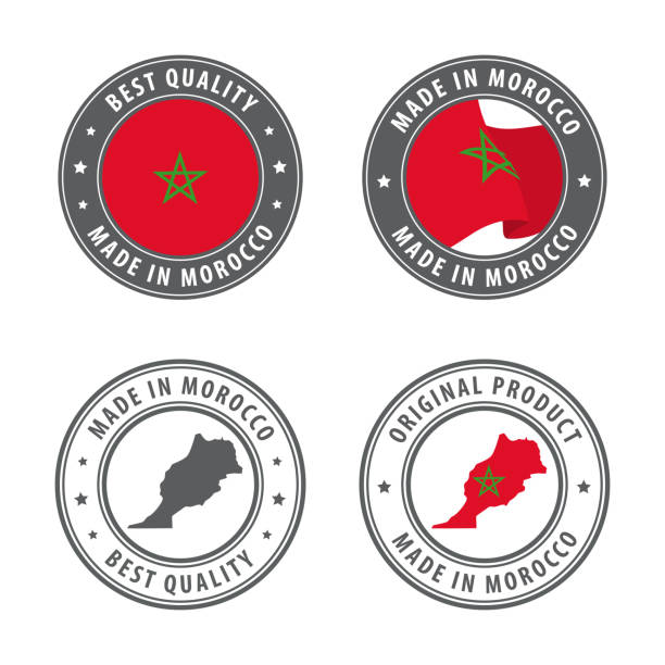 Made in Morocco - set of labels, stamps, badges, with the Morocco map and flag. Best quality. Original product. Made in Morocco - set of labels, stamps, badges, with the Morocco map and flag. Best quality. Original product. Vector illustration moroccan flag pictures stock illustrations