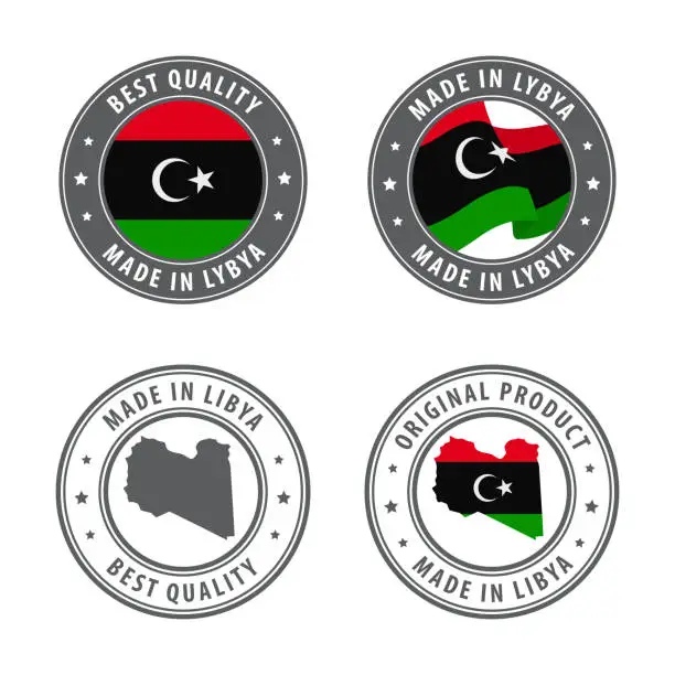 Vector illustration of Made in Libya - set of labels, stamps, badges, with the Libya map and flag. Best quality. Original product.