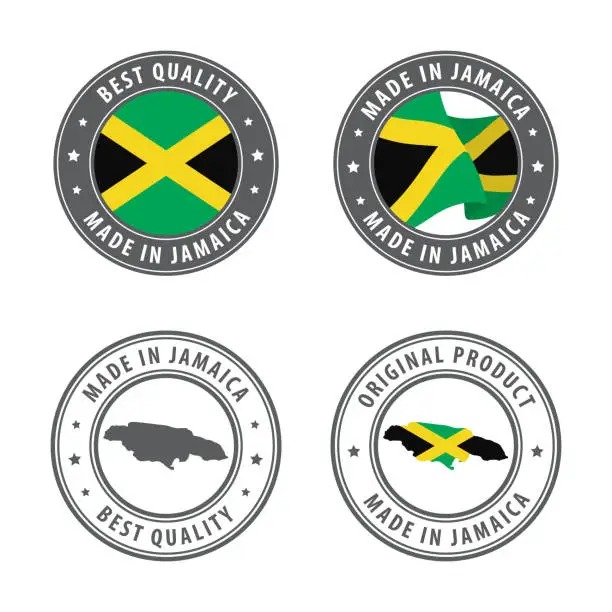 Vector illustration of Made in Jamaica - set of labels, stamps, badges, with the Jamaica map and flag. Best quality. Original product.
