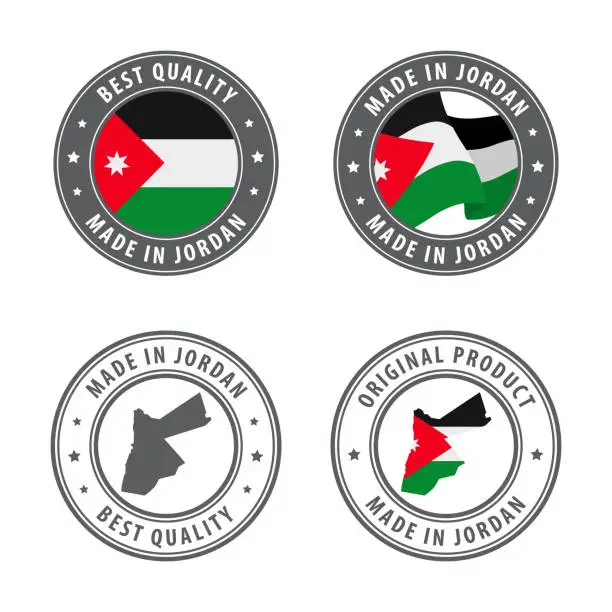 Vector illustration of Made in Jordan - set of labels, stamps, badges, with the Jordan map and flag. Best quality. Original product.