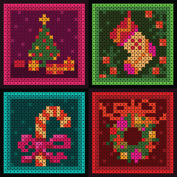 four cross-stitch Christmas ornament vector art illustration