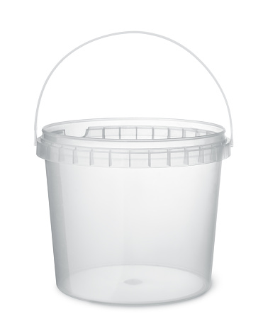 Clear plastic food bucket isolated on white