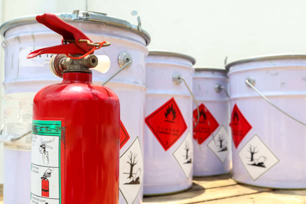 Fire extinguishers Fire extinguishers and flammable chemicals flammable photos stock pictures, royalty-free photos & images