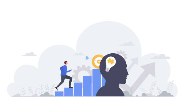 Business concept of goal achievement, professional development, career building and capital gains. Business concept of goal achievement, professional development, career building and capital gains. Businessman moving up the graph, motivation and success. Development stock illustrations