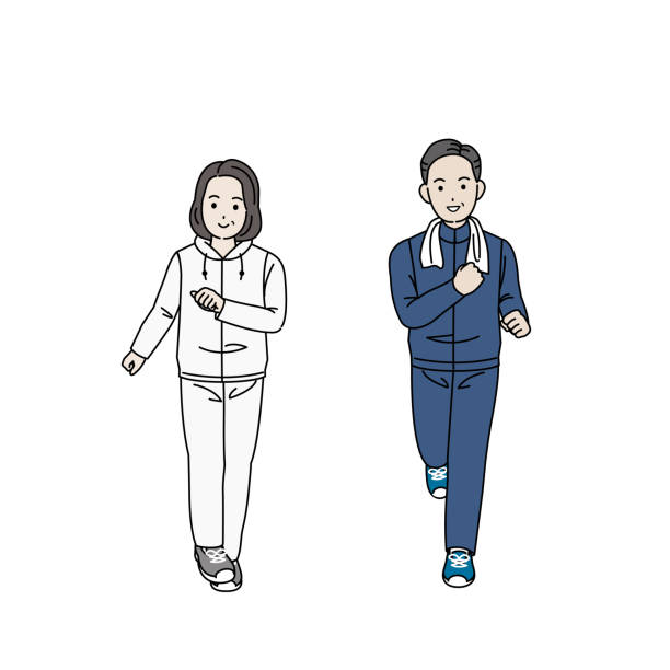 ilustrações, clipart, desenhos animados e ícones de casal de meia-idade correndo ilustração de caminhada - women full length mature women white background