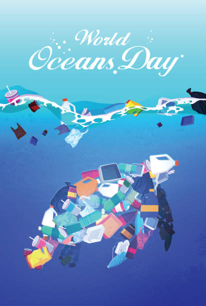 Trash items form a sea turtle in the oceans World oceans day and environmental pollution concern illustration trash items form a sea turtle in the oceans dead sea stock illustrations