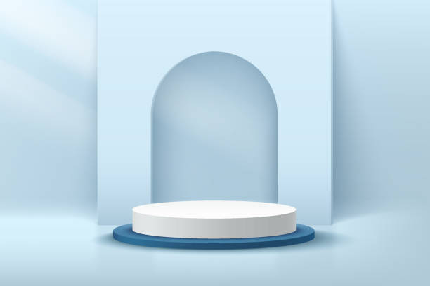 istock Modern white and blue cylinder pedestal podium in light blue empty room. Abstract vector rendering 3d shape for cosmetic products display presentation. Pastel minimal scene studio room. 1319400435