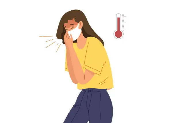 Vector illustration of Young sick woman sneezing or coughing in face mask with high temperature thermometer.