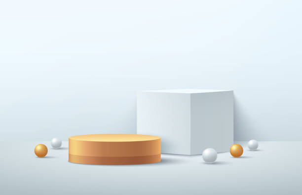 istock Luxury white cube and gold cylinder pedestal podium. White minimal wall scene. White and gold sphere ball decorate. Abstract vector rendering 3d shape for products display presentation. 1319403276