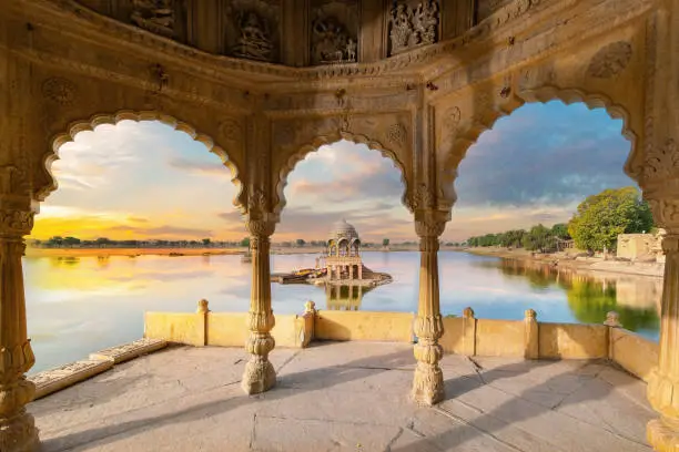 Gadisar lake in the morning at Jaisalmer, Rajasthan, India. An UNESCO World heritage.