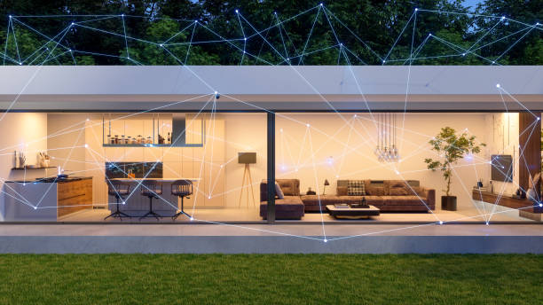 Modern Villa Exterior With Plexus. Smart Home Concept. Control With Mobile App And Technology Devices. Modern Villa Exterior With Plexus. Smart Home Concept. Control With Mobile App And Technology Devices. internet of things photos stock pictures, royalty-free photos & images