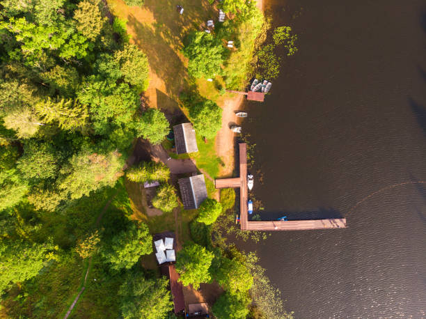 picturesque landscape lake seliger with forest, pier and boats. - coastline aerial view forest pond imagens e fotografias de stock