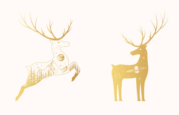 istock Hand drawn vector isolated illustration of golden  celestial deer. Mystical reindeer with stars, constellations, moon and planets, forest and mountain in gold color. 1319410755