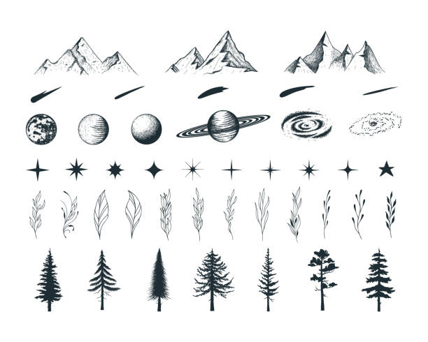 Set of  celestial elements. Trees, mountains, floral branches, stars, comets, moon and planets. Vector isolated decoration symbols. Set of  celestial elements. Trees, mountains, floral branches, stars, comets, moon and planets. Vector isolated decoration symbols. mountain borders stock illustrations