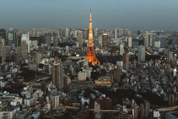 Sunset view of Tokyo Skylines with the Tokyo Tower. Tokyo is both the capital and largest city of Japan.