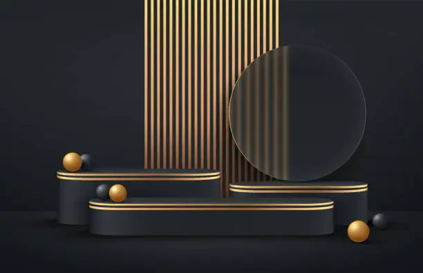 Vector illustration of Luxury black and gold round podium on dark empty room background and black, golden sphere decorate. Abstract vector rendering 3d shape for advertising products display. Minimal scene studio room.