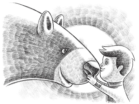 digital painting / raster illustration of little boy communicating with bear