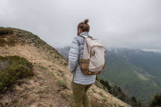 istock Young man hiking on mountain ridge, overcast sky 1319416856