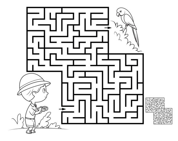 schwarz und weiß, maze spiel für kinder. papagei - labyrinth stock-grafiken, -clipart, -cartoons und -symbole