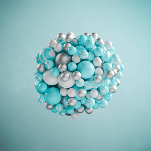 istock Abstract image with clustered floating spheres in silver, turquoise green and white. Partly with stripes. 1319416931