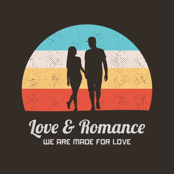 Retro illustration with silhouette of couple holding hands. Romantic vector background for prints, t-shirts