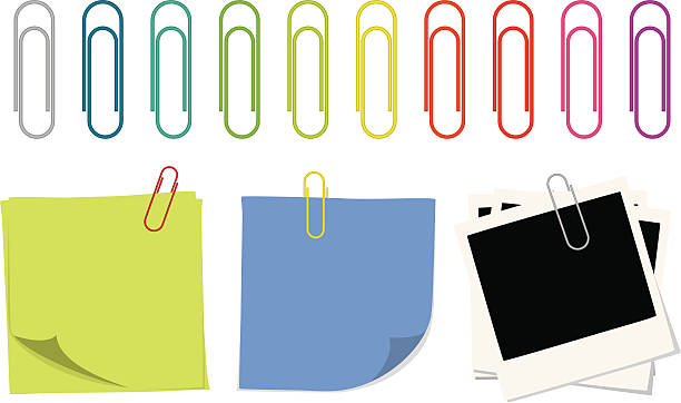 illustrazioni stock, clip art, cartoni animati e icone di tendenza di clip di carta e le note - graffette