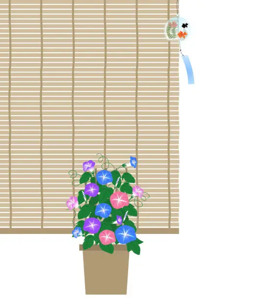 Vector illustration of This is an illustration of a summer scene with morning glories, goldfish patterned wind chimes and bamboo screens.