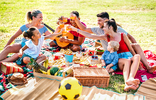 Multiracial families having fun together with kids at pic nic barbecue party - Joy and love life style concept with mixed race people toasting juices with children at park
