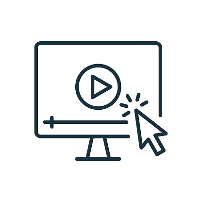 Video Tutorials Line Icon. Video Player with Mouse Pointer Linear Icon. E-learning and Online Education concept. Distant Education and Online Webinar pictogram. Editable stroke. Vector illustration