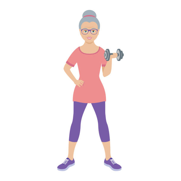 Happy elderly woman with barbell icon vector Cheerful old woman exercise hold dumbbell vector. Senior fitness exercise icon isolated on a white background cartoon of the older people exercising gym stock illustrations