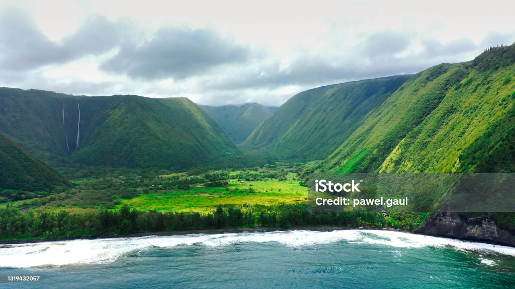 Aerial of Waipio bay and valley in Big Island Hawaii Big Island - Hawaii Islands Stock Photo
