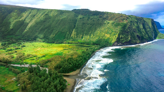 Aerial of Waipio bay and valley in Big Island Hawaii
