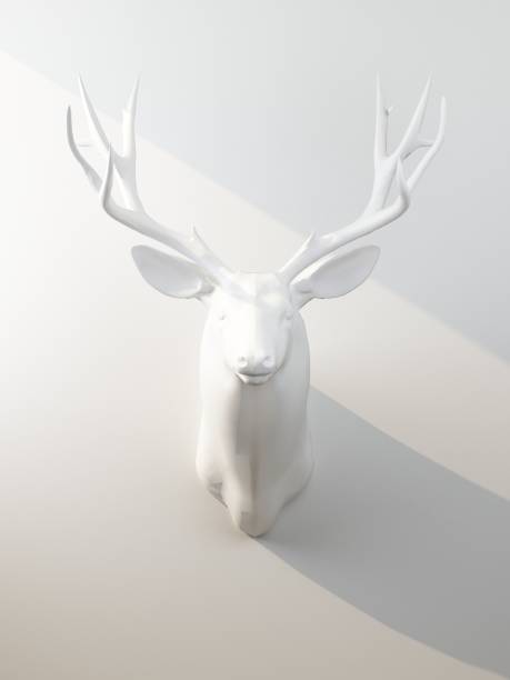testa di cervo bianco su parete bianca illuminata da fascio di luce - deer stag wall animal head foto e immagini stock