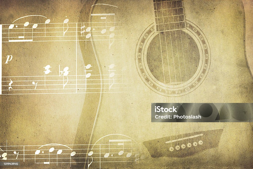 Vintage music collage Vintage colors music background with wooden guitar and notes Acoustic Guitar Stock Photo