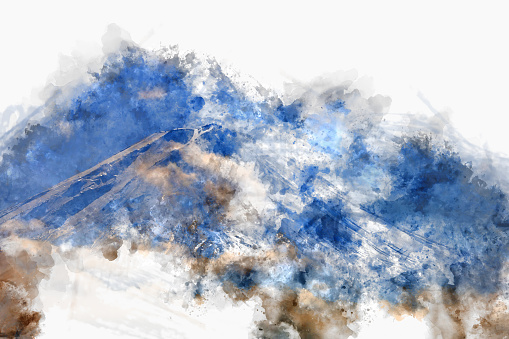 Abstract colorful Fuji mountain range in Japan on watercolor illustration painting background.
