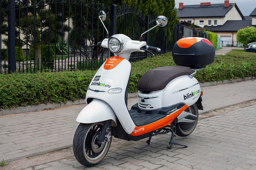 Poland, Poznan - May 08, 2021: Blinkee city electric scooters for rental using a dedicated mobile application, available for citizens and tourists in the city center