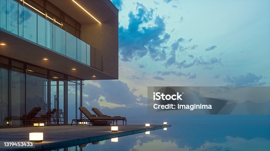 istock Modern Luxury House With Private Infinity Pool In Dusk 1319453433