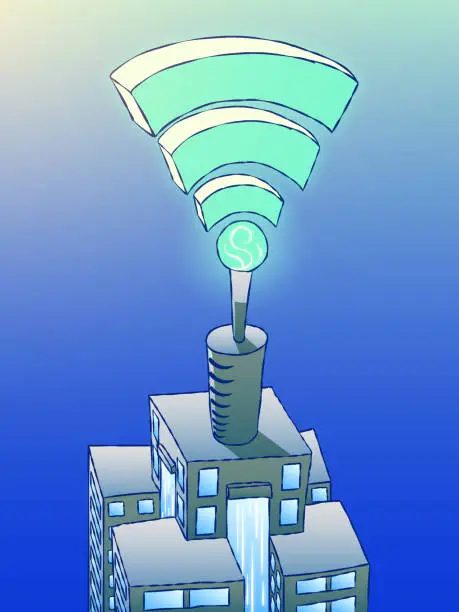 Vector illustration of Cartoon illustration - Antenna on the tower transmits a signal.