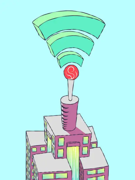 Vector illustration of Cartoon illustration - Antenna on the tower transmits a signal.