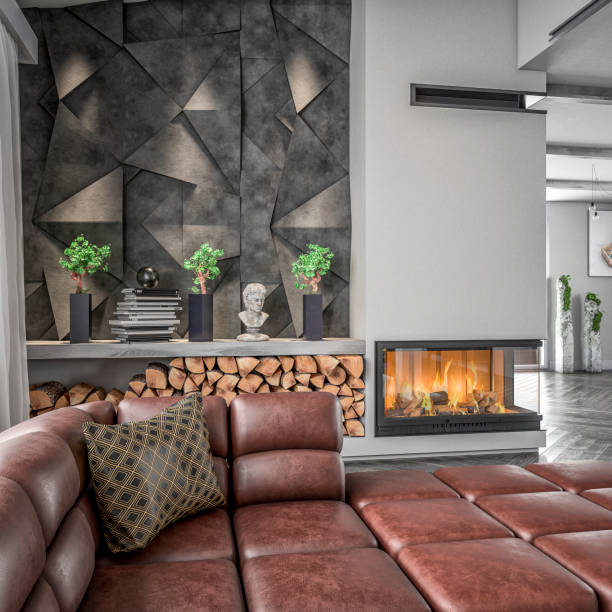 istock Empty modern living room with sofa, decoration and fireplace 1319456555
