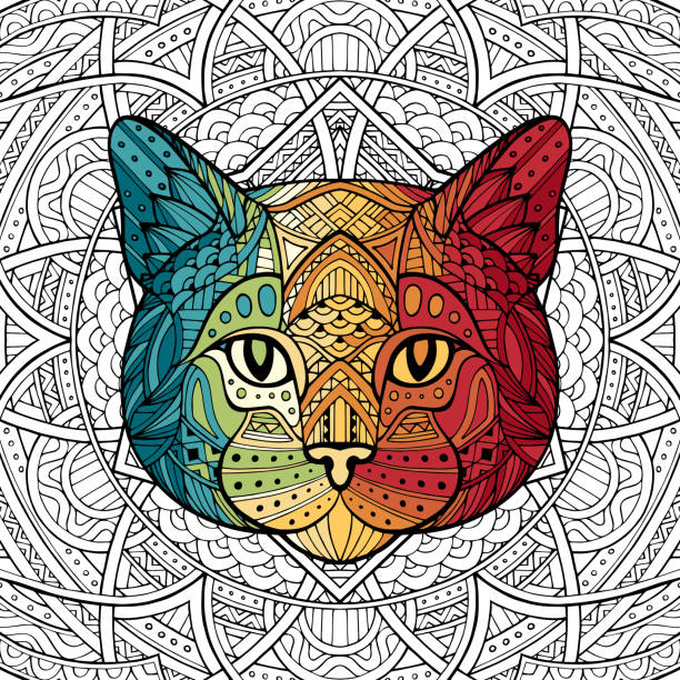 istock Patterned cat, kitty head in doodle style of a white background passing with colorful gradient. Tribal ornament painted by hand. Series ethnic animals. African, Indian. Mandala. Ornament. Vector 1319457087