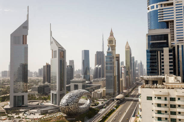 sheikh zayed road, widok z góry na museum of the future, jumeirah emirates towers hotel, gevora hotel, difc, al-yaqub tower, burdż chalifa - burj zdjęcia i obrazy z banku zdjęć