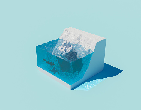 isometric illustration of a glacier with floating iceberg and whale with bank of fish under water. climate change. 3d render