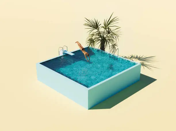 isometric illustration of swimming pool with springboard and person jumping into the water. 3d render