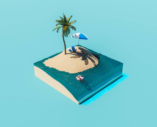 istock isometric island with palm tree and beach accessories. summer concept 1319459812